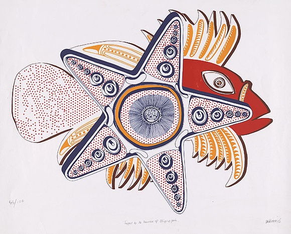 Artist: b'Lasisi, David.' | Title: b'Trapped by the cobwebs of stinging pain' | Date: 1976 | Technique: b'screenprint, printed in colour, from multiple stencils' Artist: b'Lasisi, David.' | Title: b'Trapped by the cobwebs of stinging pain' | Date: 1976 | Technique: b'screenprint, printed in colour, from multiple stencils'
