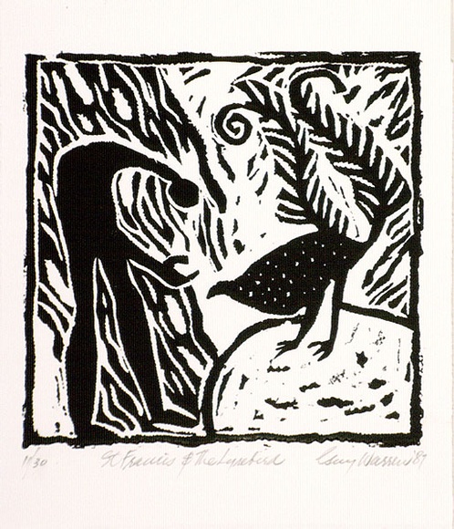 Artist: b'Warren, Guy.' | Title: b'St. Francis and the Lyrebird.' | Date: 1987 | Technique: b'linocut, printed in black ink, from one block' Artist: b'Warren, Guy.' | Title: b'St. Francis and the Lyrebird.' | Date: 1987 | Technique: b'linocut, printed in black ink, from one block'