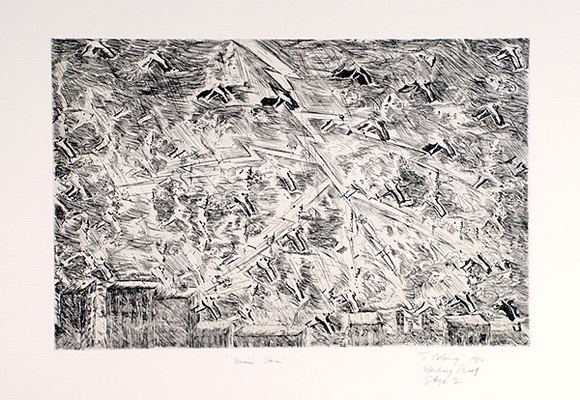 Artist: b'COLEING, Tony' | Title: b'Brain storm.' | Date: 1984 | Technique: b'etching and aquatint, printed in black ink, from one plate' Artist: b'COLEING, Tony' | Title: b'Brain storm.' | Date: 1984 | Technique: b'etching and aquatint, printed in black ink, from one plate'