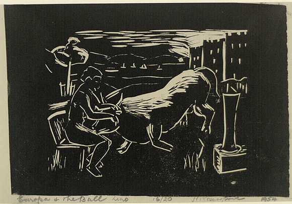 Artist: b'ROSENGRAVE, Harry' | Title: b'Europa and the bull' | Date: 1954 | Technique: b'linocut, printed in black ink, from one block' Artist: b'ROSENGRAVE, Harry' | Title: b'Europa and the bull' | Date: 1954 | Technique: b'linocut, printed in black ink, from one block'