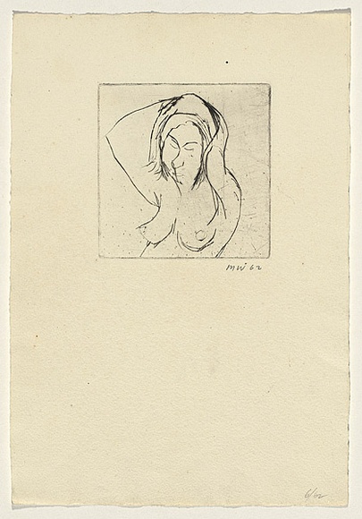 Title: not titled [upper half of naked woman with hands behind her head] | Date: 1962, June | Technique: drypoint, printed in black ink, from one plate