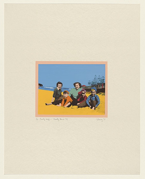 Artist: b'HARVEY, Geoffrey' | Title: bFamily snap - Clovelly Beach '59 | Date: 1977 | Technique: b'photo-screenprint, printed in colour, from multiple stencils' Artist: b'HARVEY, Geoffrey' | Title: bFamily snap - Clovelly Beach '59 | Date: 1977 | Technique: b'photo-screenprint, printed in colour, from multiple stencils'
