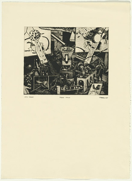 Artist: b'Ralph, Timothy' | Title: b'Fuoco Poco' | Date: 1987 | Technique: b'etching, printed in black ink, from one plate' | Copyright: b'\xc2\xa9 Timothy Ralph. Licensed by VISCOPY, Australia' Artist: b'Ralph, Timothy' | Title: b'Fuoco Poco' | Date: 1987 | Technique: b'etching, printed in black ink, from one plate' | Copyright: b'\xc2\xa9 Timothy Ralph. Licensed by VISCOPY, Australia'