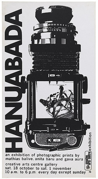 Artist: b'UNKNOWN ARTIST,' | Title: b'Hanuabada. An exhibition of photographic prints by Mathias Balive, Anita Baru and Gava Aura.' | Date: not dated | Technique: b'screenprint, printed in black ink, from one screen' Artist: b'UNKNOWN ARTIST,' | Title: b'Hanuabada. An exhibition of photographic prints by Mathias Balive, Anita Baru and Gava Aura.' | Date: not dated | Technique: b'screenprint, printed in black ink, from one screen'