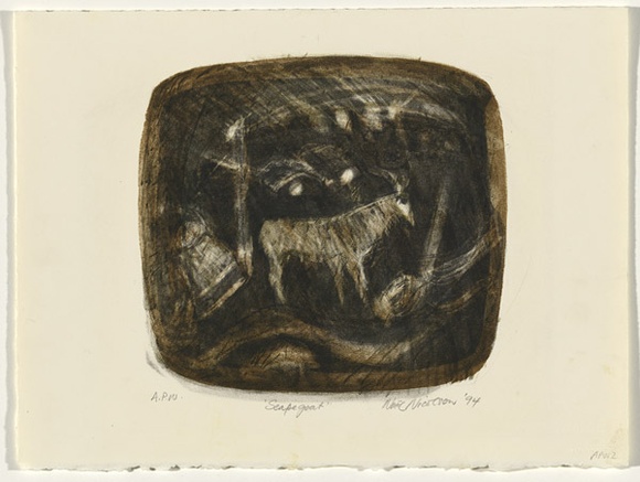 Artist: b'NICOLSON, Noel' | Title: b'Scapegoat' | Date: 1994 | Technique: b'lithograph, printed in black and brown ink, from two stones' Artist: b'NICOLSON, Noel' | Title: b'Scapegoat' | Date: 1994 | Technique: b'lithograph, printed in black and brown ink, from two stones'