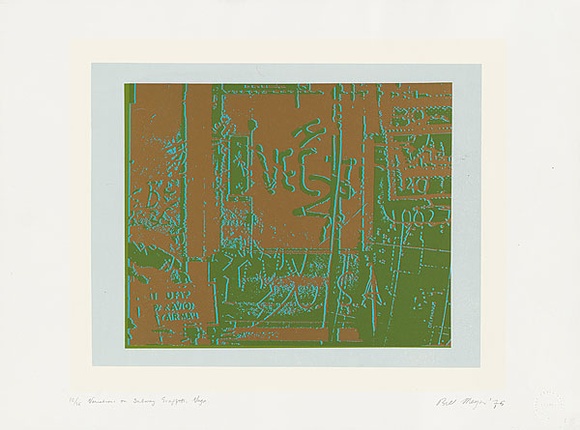 Artist: b'MEYER, Bill' | Title: b'Variations on subway graffiti, Vega.' | Date: 1975 | Technique: b'screenprint, printed in colour, from two open blockout screens and one photo indirect stencil' | Copyright: b'\xc2\xa9 Bill Meyer' Artist: b'MEYER, Bill' | Title: b'Variations on subway graffiti, Vega.' | Date: 1975 | Technique: b'screenprint, printed in colour, from two open blockout screens and one photo indirect stencil' | Copyright: b'\xc2\xa9 Bill Meyer'