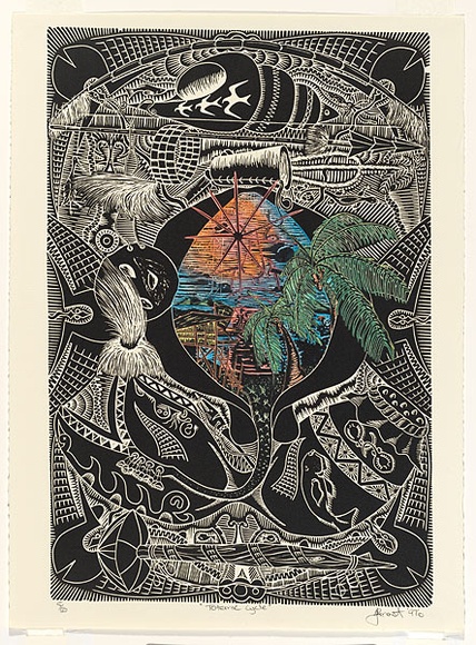 Artist: b'MAST, Robert' | Title: b'Totemic Cycle' | Date: 1997 | Technique: b'linocut, printed in black ink from one block; hand-coloured' Artist: b'MAST, Robert' | Title: b'Totemic Cycle' | Date: 1997 | Technique: b'linocut, printed in black ink from one block; hand-coloured'