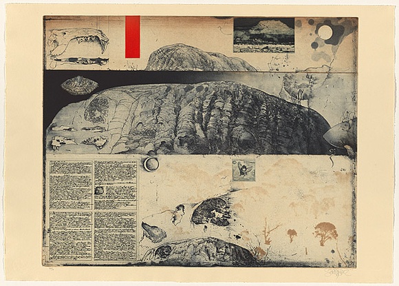 Artist: b'SCHMEISSER, Jorg' | Title: b'Diary and Ayers Rock' | Date: 1979 | Technique: b'etching, softground, photo-etching and aquatint, printed in brown, red and blue-black ink, from six plates' | Copyright: b'\xc2\xa9 J\xc3\xb6rg Schmeisser' Artist: b'SCHMEISSER, Jorg' | Title: b'Diary and Ayers Rock' | Date: 1979 | Technique: b'etching, softground, photo-etching and aquatint, printed in brown, red and blue-black ink, from six plates' | Copyright: b'\xc2\xa9 J\xc3\xb6rg Schmeisser'