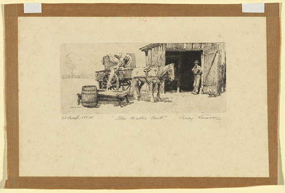 Artist: b'Leason, Percy.' | Title: b'The water cart' | Date: 1921 | Technique: b'etching, printed in black ink, from one plate' | Copyright: b'Permission granted in memory of Percy Leason' Artist: b'Leason, Percy.' | Title: b'The water cart' | Date: 1921 | Technique: b'etching, printed in black ink, from one plate' | Copyright: b'Permission granted in memory of Percy Leason'