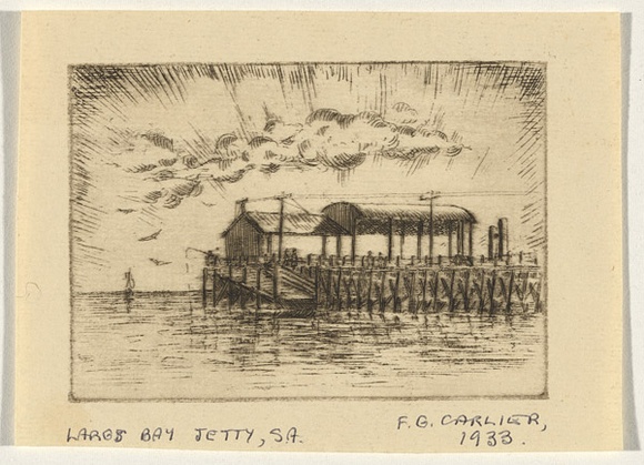 Artist: b'Carlier, Frederick.' | Title: b'Largs Bay Jetty, S.A.' | Date: 1933 | Technique: b'etching, printed in black ink, from one plate' Artist: b'Carlier, Frederick.' | Title: b'Largs Bay Jetty, S.A.' | Date: 1933 | Technique: b'etching, printed in black ink, from one plate'