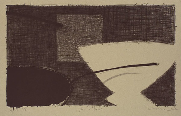 Artist: b'Lincoln, Kevin.' | Title: b'Pan and bowl' | Date: 2002, April | Technique: b'lithograph, printed in black ink, from one stone' Artist: b'Lincoln, Kevin.' | Title: b'Pan and bowl' | Date: 2002, April | Technique: b'lithograph, printed in black ink, from one stone'