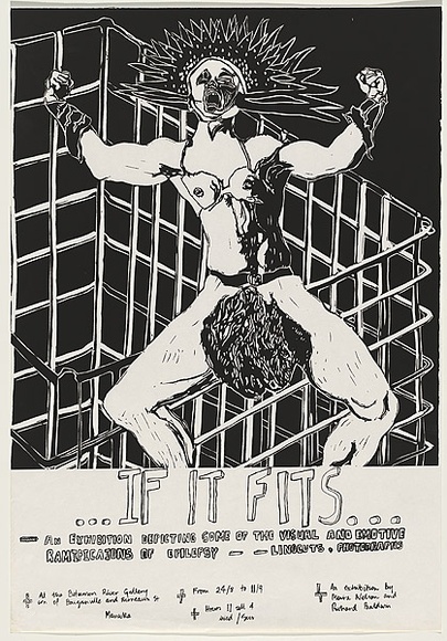 Artist: b'Nelson, Moira.' | Title: b'If it fits... Bitumen River Gallery.' | Date: 1983 | Technique: b'screenprint, printed in black ink, from one stencil' Artist: b'Nelson, Moira.' | Title: b'If it fits... Bitumen River Gallery.' | Date: 1983 | Technique: b'screenprint, printed in black ink, from one stencil'