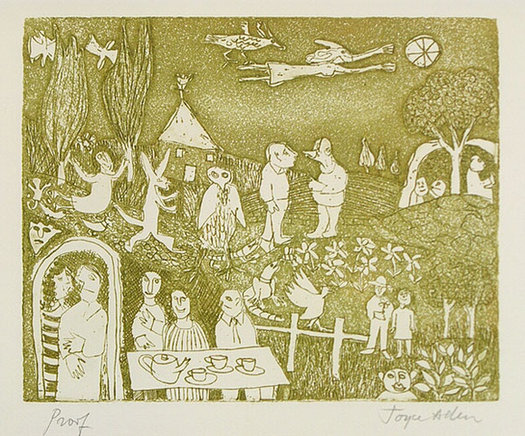 Artist: b'Allen, Joyce.' | Title: b'(Tea party).' | Date: (1980s) | Technique: b'etching, aquatint printed in green ink, from one plate' Artist: b'Allen, Joyce.' | Title: b'(Tea party).' | Date: (1980s) | Technique: b'etching, aquatint printed in green ink, from one plate'