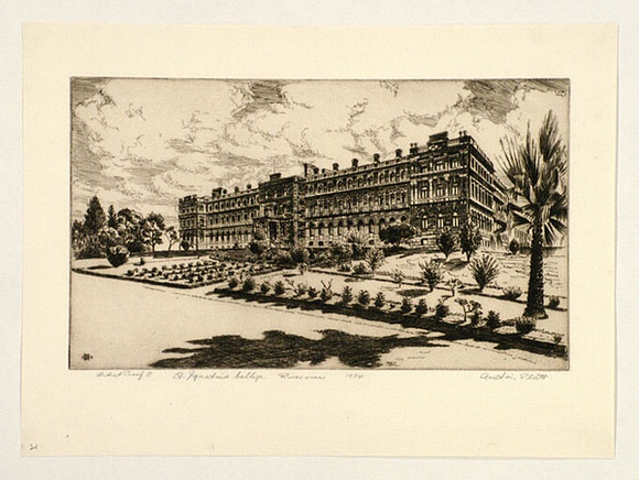 Artist: b'PLATT, Austin' | Title: b'St Ignatius College, Riverview' | Date: 1934 | Technique: b'etching, printed in black ink, from one plate' Artist: b'PLATT, Austin' | Title: b'St Ignatius College, Riverview' | Date: 1934 | Technique: b'etching, printed in black ink, from one plate'