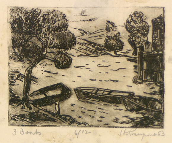Artist: b'ROSENGRAVE, Harry' | Title: b'3 boats' | Date: 1953 | Technique: b'etching, printed in black ink with plate-tone, from one plate' Artist: b'ROSENGRAVE, Harry' | Title: b'3 boats' | Date: 1953 | Technique: b'etching, printed in black ink with plate-tone, from one plate'