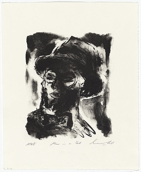 Artist: b'Lee, Graeme.' | Title: b'Man in a hat' | Date: 1996, September | Technique: b'lithograph, printed in black ink from one stone' Artist: b'Lee, Graeme.' | Title: b'Man in a hat' | Date: 1996, September | Technique: b'lithograph, printed in black ink from one stone'