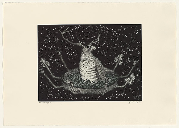 Artist: b'LETHBRIDGE, John' | Title: b'Ring cycle IV' | Date: 1988 | Technique: b'etching and aquatint, printed in black ink, from one plate' Artist: b'LETHBRIDGE, John' | Title: b'Ring cycle IV' | Date: 1988 | Technique: b'etching and aquatint, printed in black ink, from one plate'