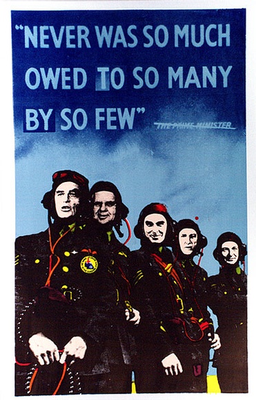 Artist: b'Swan, James.' | Title: b'Never was so much owed to so many by so few' | Date: 1981 | Technique: b'screenprint, printed in colour, from multiple stencils' Artist: b'Swan, James.' | Title: b'Never was so much owed to so many by so few' | Date: 1981 | Technique: b'screenprint, printed in colour, from multiple stencils'