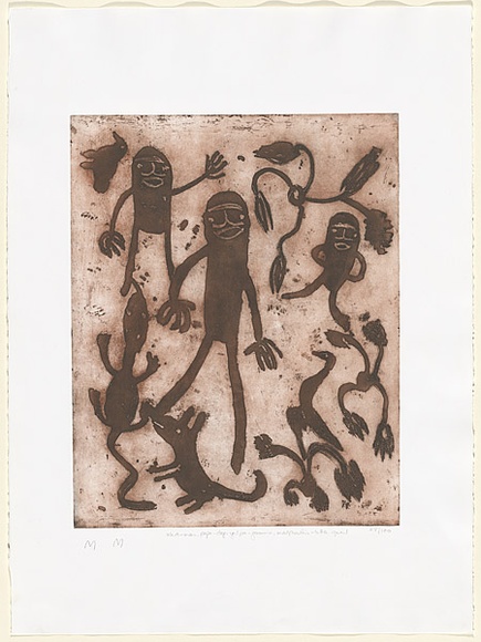 Artist: b'McLean, Mary Pantjiti.' | Title: b'Wati - man, papa - dog, yupa - goanna, malputair - little quail' | Date: 2000 | Technique: b'etching and aquatint, printed in red-brown ink, from one plate' Artist: b'McLean, Mary Pantjiti.' | Title: b'Wati - man, papa - dog, yupa - goanna, malputair - little quail' | Date: 2000 | Technique: b'etching and aquatint, printed in red-brown ink, from one plate'