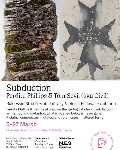Title: Tom Sevil (aka CIVIL) and Perdita Phillips: Subduction. Baldessin Studio State Library Victoria Fellowship exhibition. 2026