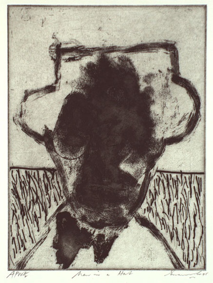 Artist: b'Lee, Graeme.' | Title: b'Man in a hat' | Date: 1995, November | Technique: b'etching, printed in black ink, from one plate' Artist: b'Lee, Graeme.' | Title: b'Man in a hat' | Date: 1995, November | Technique: b'etching, printed in black ink, from one plate'