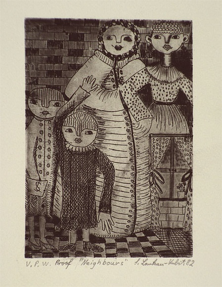 Artist: b'Lankau-Kubitz, Sigrid.' | Title: b'Neighbours' | Date: 1982 | Technique: b'etching and drypoint, printed in black ink, from one plate' Artist: b'Lankau-Kubitz, Sigrid.' | Title: b'Neighbours' | Date: 1982 | Technique: b'etching and drypoint, printed in black ink, from one plate'