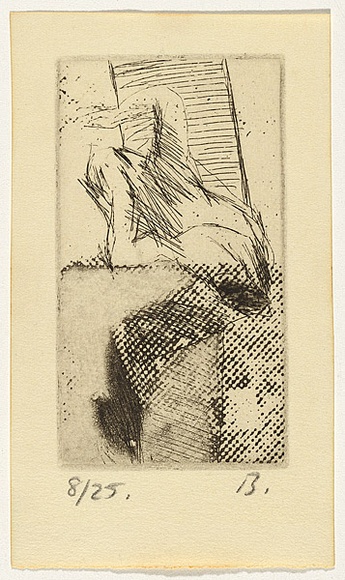 Title: b'Ockerby Christmas card with falling figure' | Date: 1974 | Technique: b'photo-etching, line-etching and burnishing-out, printed black ink, from one zinc plate' Title: b'Ockerby Christmas card with falling figure' | Date: 1974 | Technique: b'photo-etching, line-etching and burnishing-out, printed black ink, from one zinc plate'