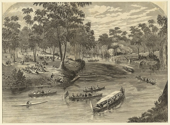 Artist: b'Calvert, Samuel.' | Title: b'A Christmas scene on the Yarra.' | Date: 1866 | Technique: b'wood-engraving, printed in black ink, from one block' Artist: b'Calvert, Samuel.' | Title: b'A Christmas scene on the Yarra.' | Date: 1866 | Technique: b'wood-engraving, printed in black ink, from one block'
