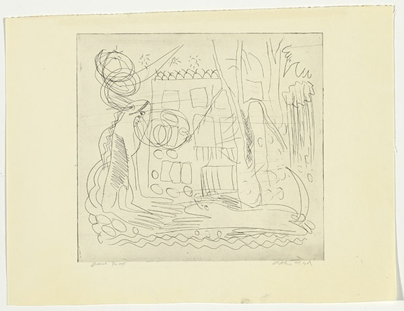 Artist: b'BOYD, Arthur' | Title: b'Ram and dog with house and trees.' | Date: (1968-69) | Technique: b'etching, printed in black ink, from one plate' | Copyright: b'Reproduced with permission of Bundanon Trust' Artist: b'BOYD, Arthur' | Title: b'Ram and dog with house and trees.' | Date: (1968-69) | Technique: b'etching, printed in black ink, from one plate' | Copyright: b'Reproduced with permission of Bundanon Trust'