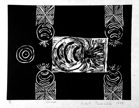 Artist: b'Pareroultja, Hubert.' | Title: b'Yirunpa' | Date: 1995 | Technique: b'linocut, printed in black ink, from one block'