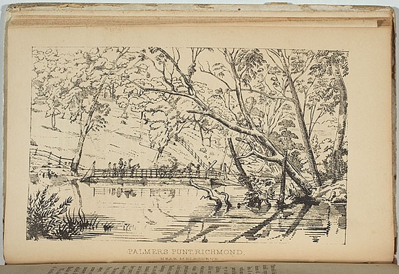 Artist: b'Ham Brothers.' | Title: b'Palmers punt, Richmond, near Melbourne.' | Date: 1851 | Technique: b'lithograph, printed in black ink, from one stone' Artist: b'Ham Brothers.' | Title: b'Palmers punt, Richmond, near Melbourne.' | Date: 1851 | Technique: b'lithograph, printed in black ink, from one stone'