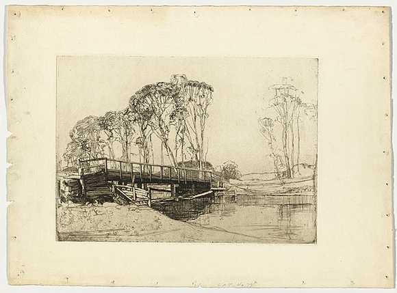Artist: b'Long, Sydney.' | Title: b'The bridge, Avoca' | Date: 1926 | Technique: b'line-etching and drypoint printed in black ink with plate-tone, from one zinc plate' | Copyright: b'Reproduced with the kind permission of the Ophthalmic Research Institute of Australia' Artist: b'Long, Sydney.' | Title: b'The bridge, Avoca' | Date: 1926 | Technique: b'line-etching and drypoint printed in black ink with plate-tone, from one zinc plate' | Copyright: b'Reproduced with the kind permission of the Ophthalmic Research Institute of Australia'