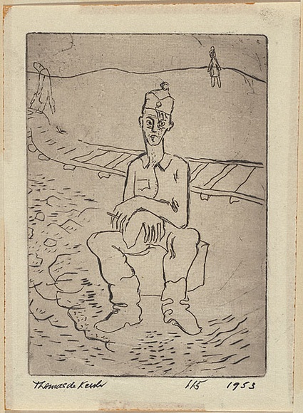 Artist: b'de Kesler, Thomas.' | Title: b'Hungarian soldier resting.' | Date: 1953 | Technique: b'etching, printed in black ink with plate-tone, from one plate' | Copyright: b'\xc2\xa9 Thomas de Kessler' Artist: b'de Kesler, Thomas.' | Title: b'Hungarian soldier resting.' | Date: 1953 | Technique: b'etching, printed in black ink with plate-tone, from one plate' | Copyright: b'\xc2\xa9 Thomas de Kessler'