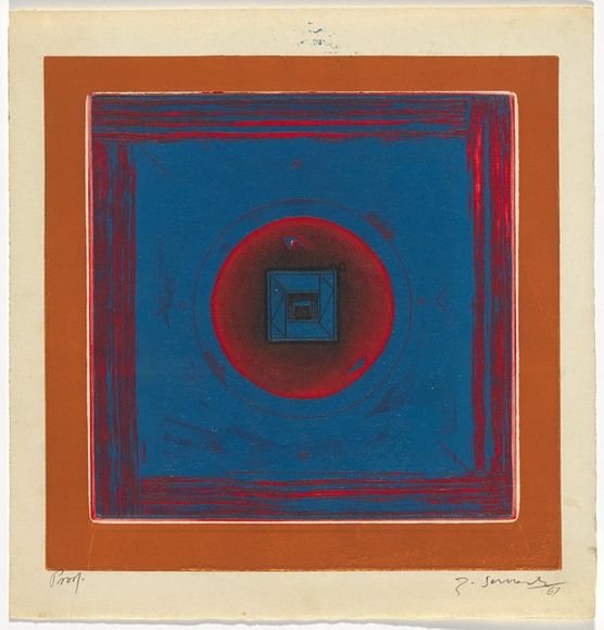 Artist: b'SELLBACH, Udo' | Title: b'(Blue and brown square with circle)' | Date: 1967 | Technique: b'etching, aquatint printed in colour from two plates' Artist: b'SELLBACH, Udo' | Title: b'(Blue and brown square with circle)' | Date: 1967 | Technique: b'etching, aquatint printed in colour from two plates'