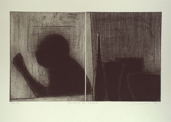 Artist: b'Lincoln, Kevin.' | Title: b'Painting at night' | Date: 1999, November | Technique: b'etching, printed in black ink with plate-tone, from two plates' Artist: b'Lincoln, Kevin.' | Title: b'Painting at night' | Date: 1999, November | Technique: b'etching, printed in black ink with plate-tone, from two plates'