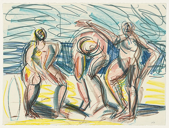 Artist: b'Furlonger, Joe.' | Title: b'3 surfers' | Date: 1989 | Technique: b'lithograph, printed in colour, from seven stones' Artist: b'Furlonger, Joe.' | Title: b'3 surfers' | Date: 1989 | Technique: b'lithograph, printed in colour, from seven stones'