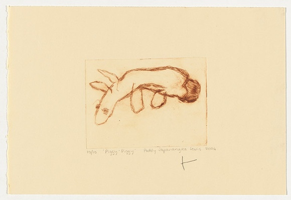 Artist: b'Japanangka Lewis, Paddy.' | Title: b'Piggy-piggy' | Date: 2004 | Technique: b'drypoint etching, printed in brown ink, from one perspex plate' Artist: b'Japanangka Lewis, Paddy.' | Title: b'Piggy-piggy' | Date: 2004 | Technique: b'drypoint etching, printed in brown ink, from one perspex plate'