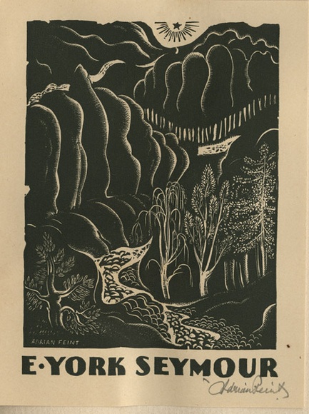 Artist: b'FEINT, Adrian' | Title: b'Bookplate: E. York Seymour.' | Date: (1942) | Technique: b'wood-engraving, printed in dark green ink, from one block' | Copyright: b'Courtesy the Estate of Adrian Feint' Artist: b'FEINT, Adrian' | Title: b'Bookplate: E. York Seymour.' | Date: (1942) | Technique: b'wood-engraving, printed in dark green ink, from one block' | Copyright: b'Courtesy the Estate of Adrian Feint'