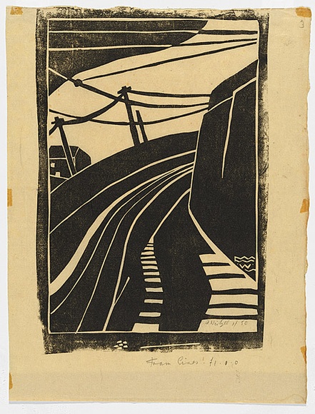 Artist: b'Weitzel, Frank.' | Title: b'Tram lines' | Date: c.1929 | Technique: b'linocut, printed in black ink, from one block' Artist: b'Weitzel, Frank.' | Title: b'Tram lines' | Date: c.1929 | Technique: b'linocut, printed in black ink, from one block'
