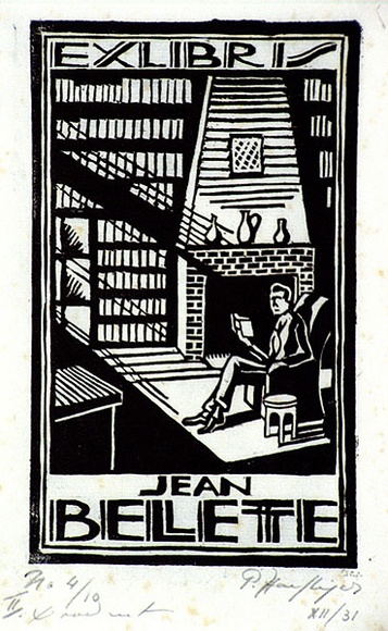 Artist: b'Haefliger, Paul.' | Title: b'Bookplate: Jean Bellette' | Date: 1931-33 | Technique: b'woodcut, printed in black ink, from one block' Artist: b'Haefliger, Paul.' | Title: b'Bookplate: Jean Bellette' | Date: 1931-33 | Technique: b'woodcut, printed in black ink, from one block'