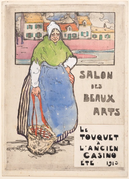 Artist: Nicholas, Hilda Rix | Title: Salon des Beaux Arts, Rue des Londres, Paris Plage | Date: 1913 | Technique: soft-ground etching, printed in black ink, from one plate; hand-coloured in gouache