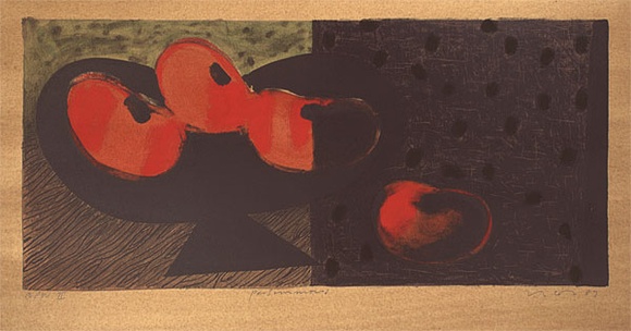 Artist: b'Lincoln, Kevin.' | Title: b'Persimmons' | Date: 1989 | Technique: b'lithograph, printed in black ink, from one stone; hand-coloured' Artist: b'Lincoln, Kevin.' | Title: b'Persimmons' | Date: 1989 | Technique: b'lithograph, printed in black ink, from one stone; hand-coloured'