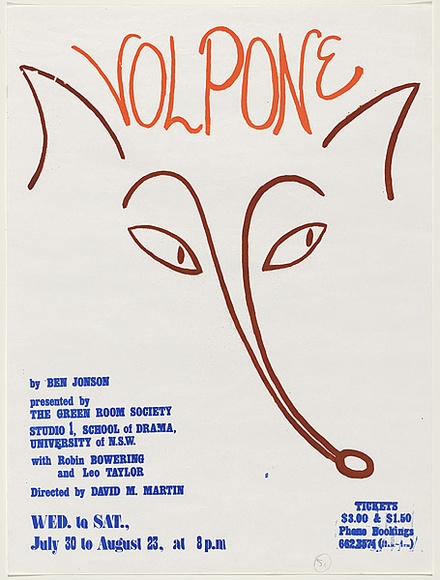 Artist: b'Radvan, Mark.' | Title: b'Volpone by Ben Johson presented by the Green Room Society...University of N.S.W.' | Date: 1975 | Technique: b'screenprint, printed in colour, from two stencils' Artist: b'Radvan, Mark.' | Title: b'Volpone by Ben Johson presented by the Green Room Society...University of N.S.W.' | Date: 1975 | Technique: b'screenprint, printed in colour, from two stencils'
