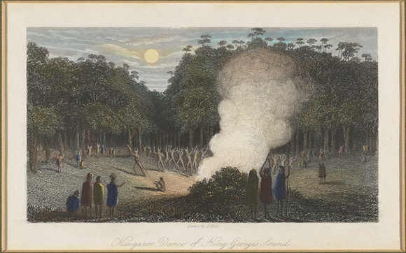 Title: bKangaroo dance of King George's Sound | Date: c.1845 | Technique: b'engraving, printed in black ink, from one plate; hand-coloured at a later date' Title: bKangaroo dance of King George's Sound | Date: c.1845 | Technique: b'engraving, printed in black ink, from one plate; hand-coloured at a later date'