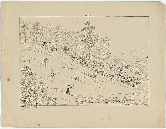 Artist: b'Fairholme, George Knight Erskine.' | Title: b'Wool teams. Australia. [going up the hill].' | Date: c.1853 | Technique: b'lithograph, printed in black ink, from one stone'