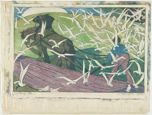 Artist: b'Spowers, Ethel.' | Title: b'The plough.' | Date: 1928 | Technique: b'linocut, printed in colour, from three blocks (light green, mauve, cobalt blue)' Artist: b'Spowers, Ethel.' | Title: b'The plough.' | Date: 1928 | Technique: b'linocut, printed in colour, from three blocks (light green, mauve, cobalt blue)'