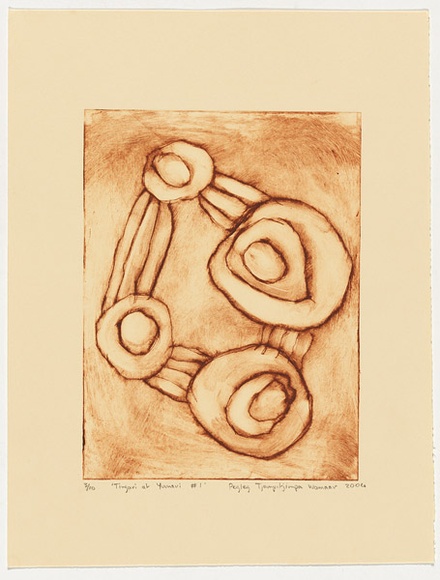 Artist: b'Tjampitjinpa Wamaar, Pegleg.' | Title: b'Tingari at Yumari #1' | Date: 2004 | Technique: b'drypoint etching, printed in brown ink, from one perspex plate' Artist: b'Tjampitjinpa Wamaar, Pegleg.' | Title: b'Tingari at Yumari #1' | Date: 2004 | Technique: b'drypoint etching, printed in brown ink, from one perspex plate'