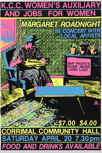 Artist: b'REDBACK GRAPHIX' | Title: bKCC women's auxiliary and Jobs for women. | Date: 1984 | Technique: b'screenprint, printed in colour, from four stencils' Artist: b'REDBACK GRAPHIX' | Title: bKCC women's auxiliary and Jobs for women. | Date: 1984 | Technique: b'screenprint, printed in colour, from four stencils'
