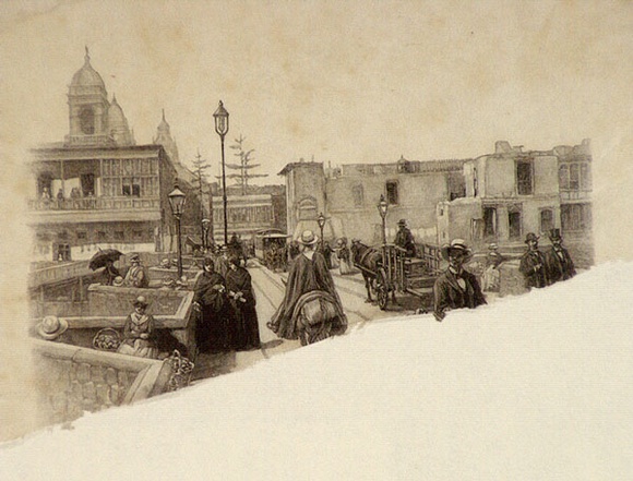 Artist: b'Berkeley Public School.' | Title: b'(Street scene in South America)' | Date: 1886-88 | Technique: b'wood-engraving, printed in black ink, from one block' Artist: b'Berkeley Public School.' | Title: b'(Street scene in South America)' | Date: 1886-88 | Technique: b'wood-engraving, printed in black ink, from one block'