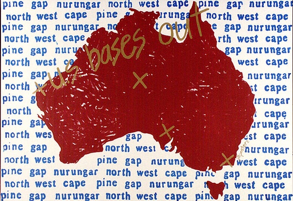 Artist: b'Jill Posters.' | Title: b'U.S. Bases out' | Date: 1983 | Technique: b'screenprint, printed in colour, from multiple stencils' Artist: b'Jill Posters.' | Title: b'U.S. Bases out' | Date: 1983 | Technique: b'screenprint, printed in colour, from multiple stencils'